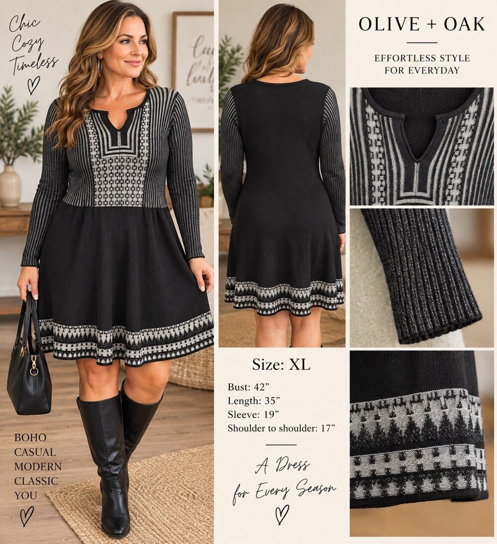 Olive + Oak XL Sweater Dress Black Gray Geometric Knit Fit Flare Long Sleeve